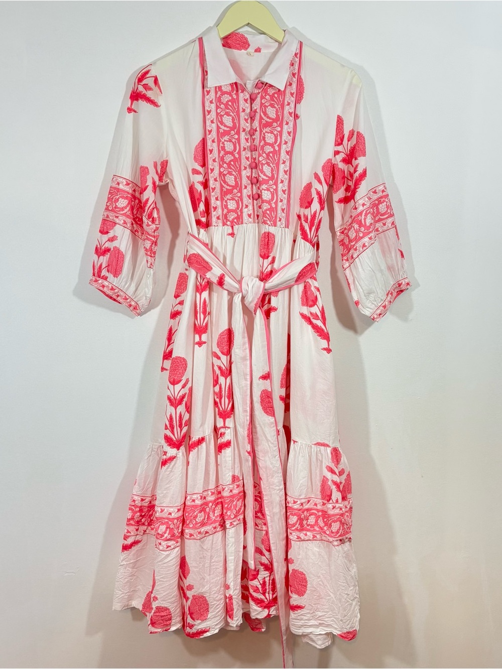 MUGHAL HAND BLOCK PRINT MAXI DRESS HOT PINK 100% COTTON  SZ LARGE
